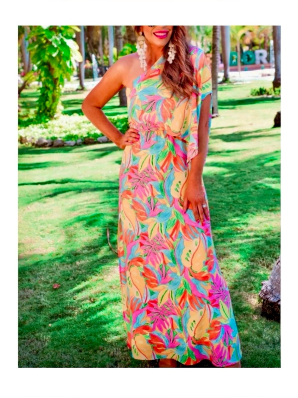 Jess Lea Botanical Tropical Island Print One Shoulder Maxi Dress Side Slit XL